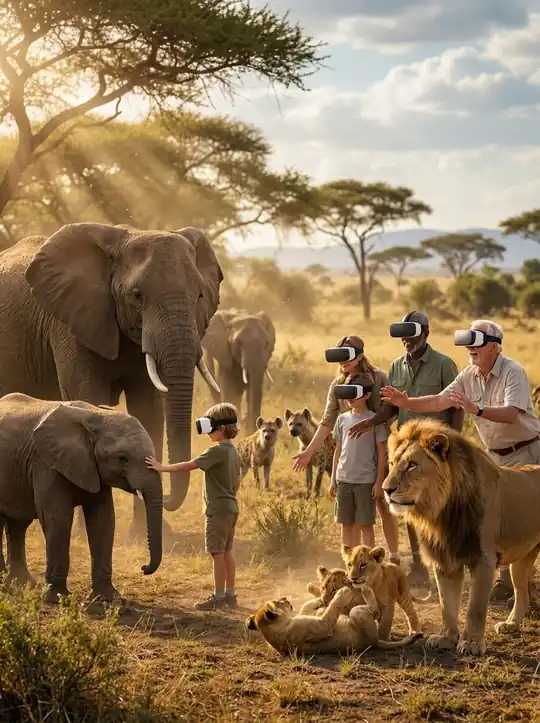 Una familia con visores de realidad virtual rodeada de elefantes, leones y hienas